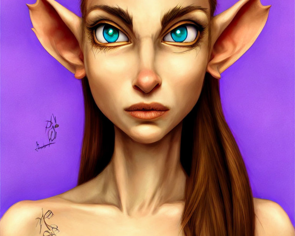 Digital illustration of character with pointed ears, blue eyes, and purple background