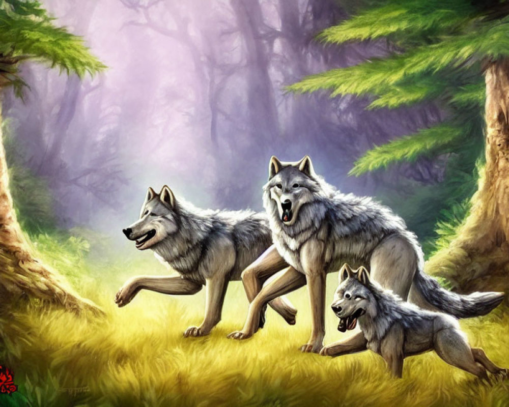 Forest clearing scene with three wolves - two adults and one pup, surrounded by greenery and soft light