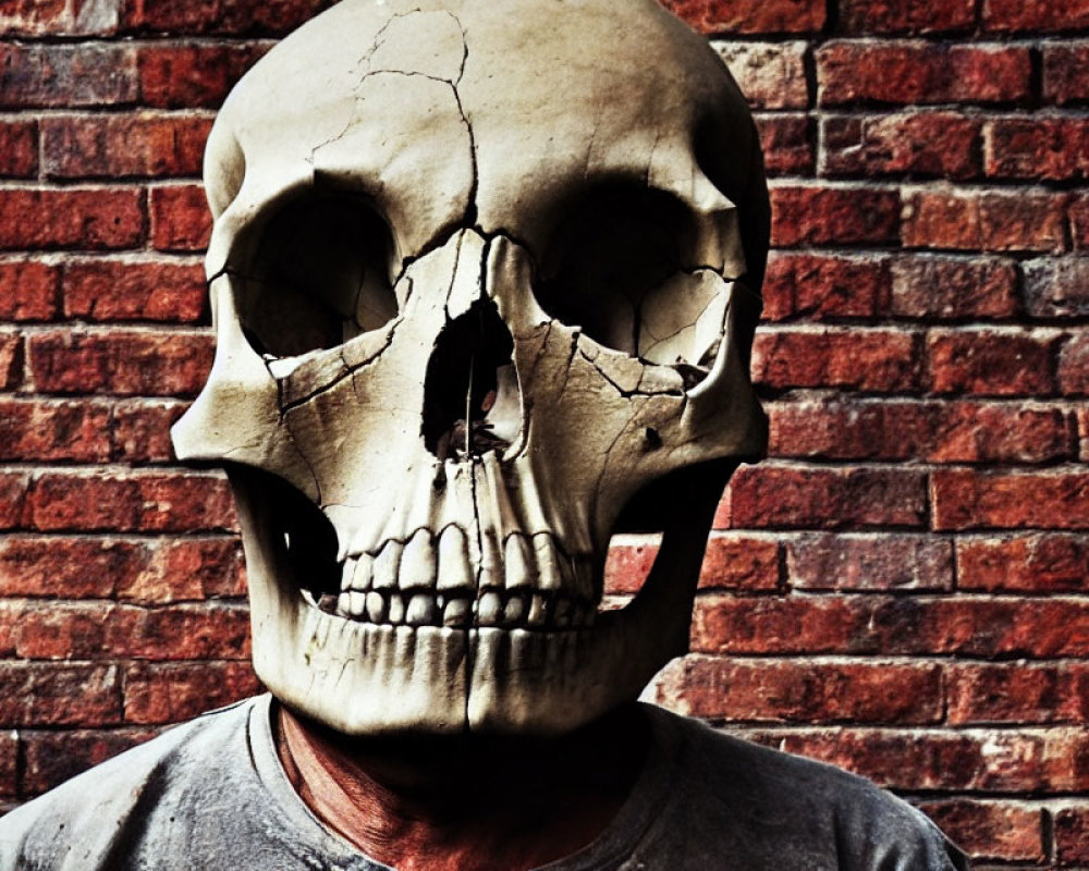 Spooky cracked skull mask before red brick wall