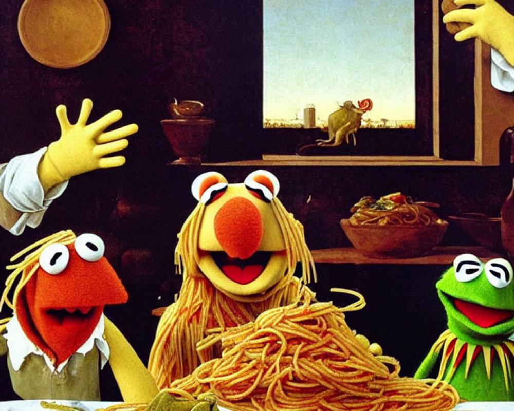 Whimsical parody: Muppet characters, spaghetti heap, camel at window