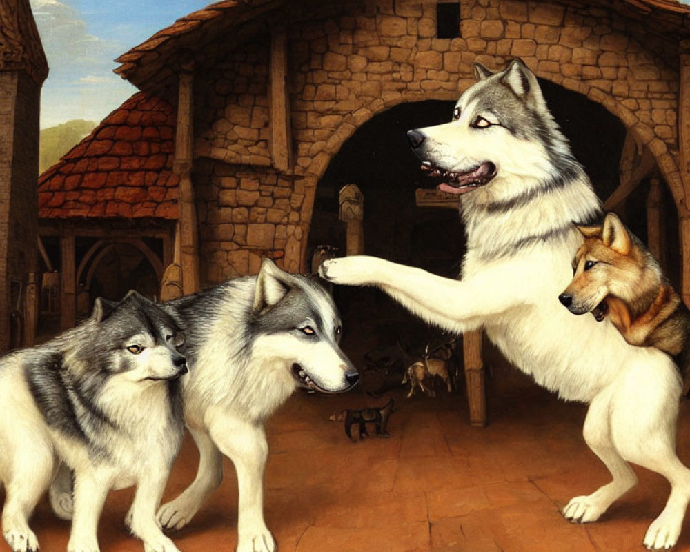 Anthropomorphic dog scene with standing teacher dog and two sitting students in medieval village.