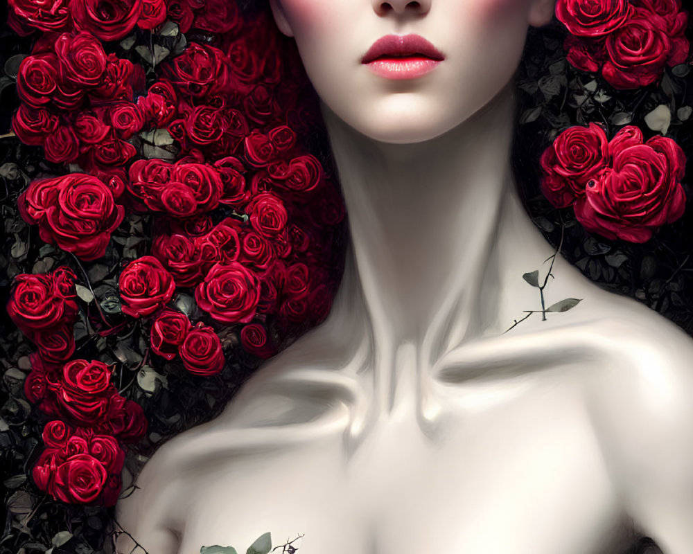 Pale-skinned woman with dark hair among red roses on dark background