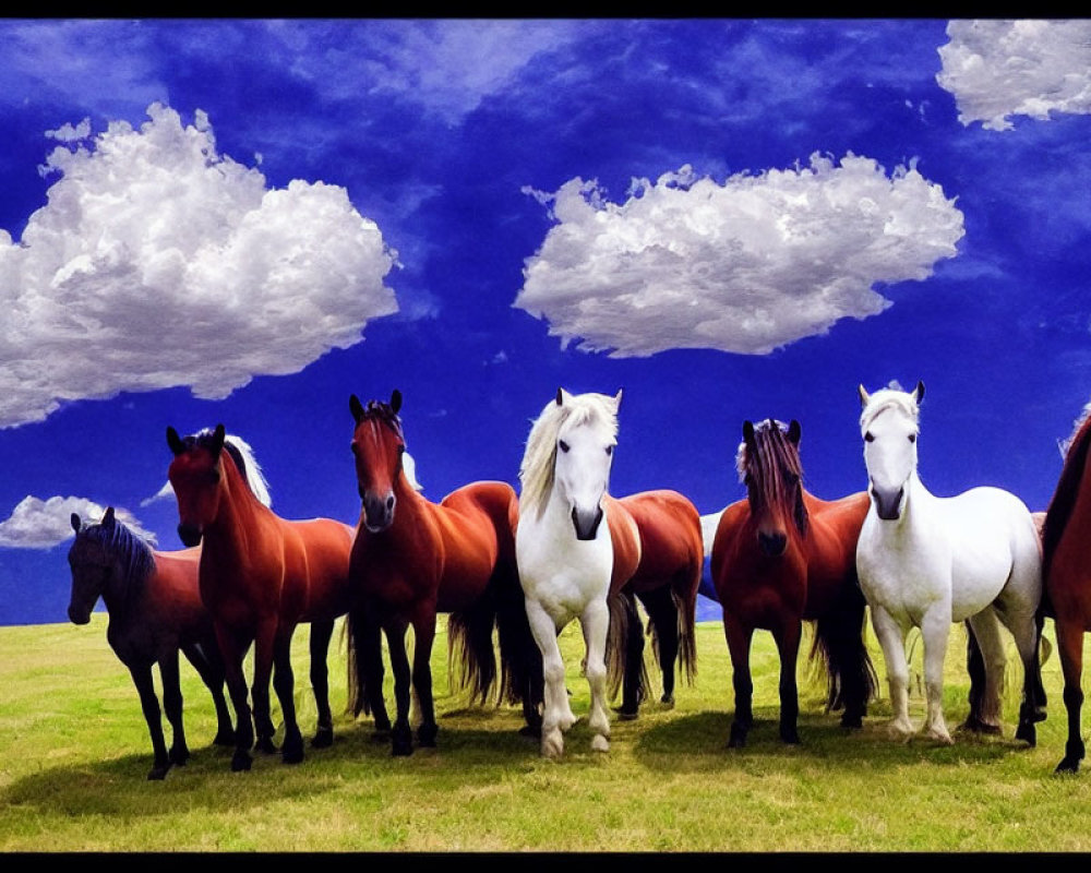 Herd of horses with various coat colors on green grass under blue sky