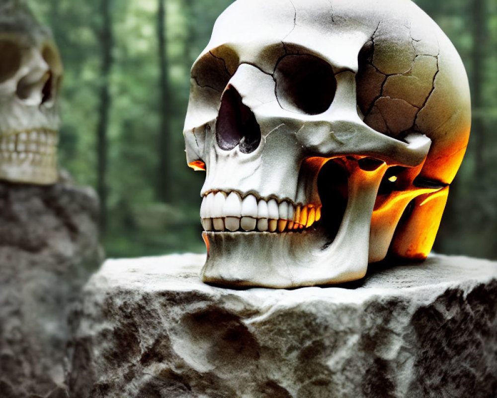 Cracked human skull with glowing orange light in forest setting