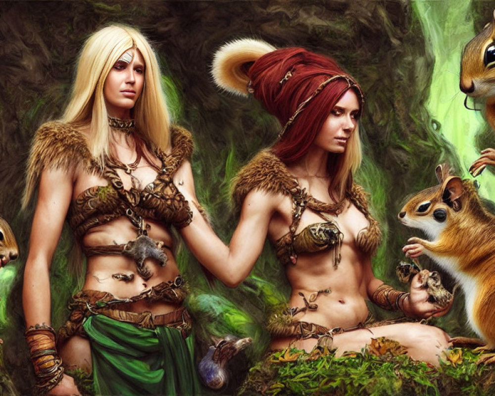 Fantasy-styled women in woodland attire with chipmunks in lush forest