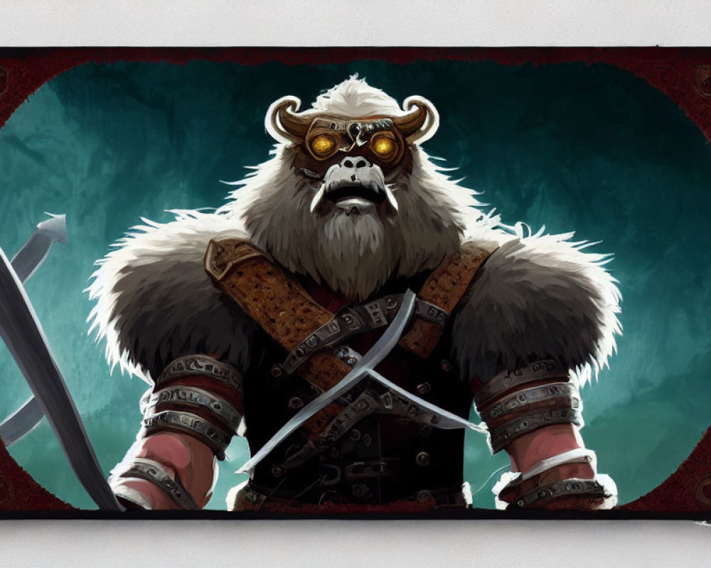 Fantasy character with buffalo head in helmet, fur and leather armor, holding sword