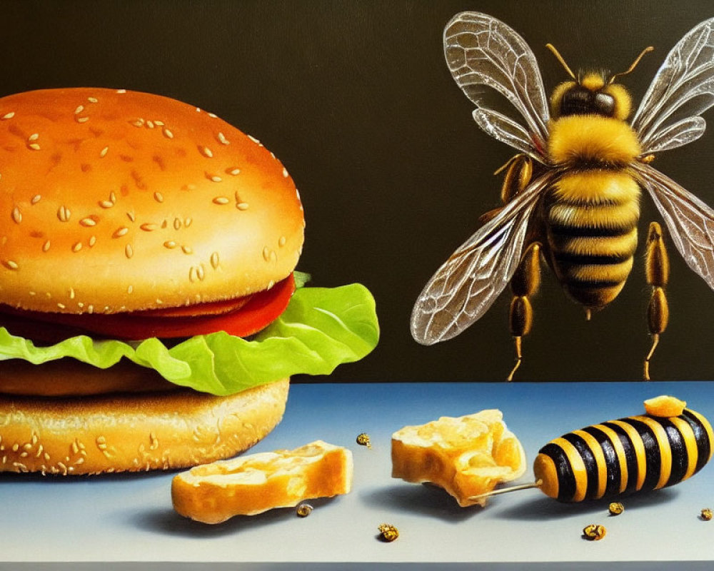 Hyperrealistic Painting: Cheeseburger & Giant Bee with Honeycomb & Mini Bees