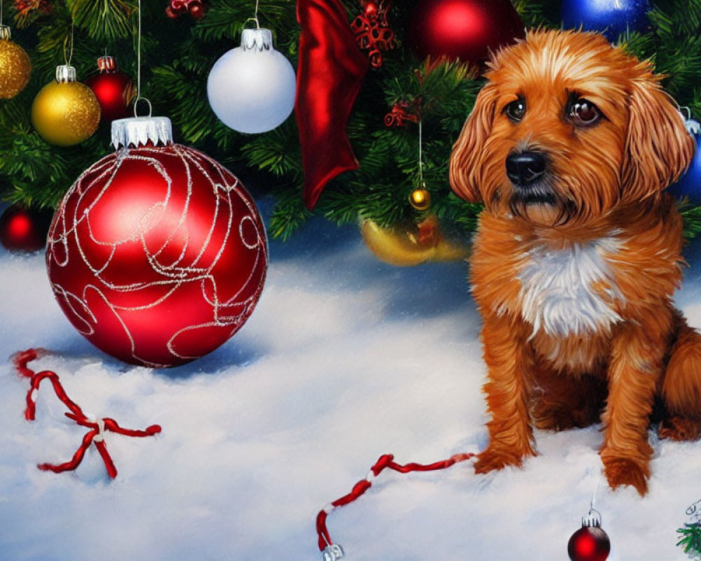 Brown dog sitting by decorated Christmas tree in snowy scene