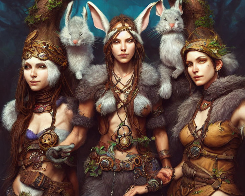 Fantasy women with elfin features in forest-themed attire, surrounded by rabbits