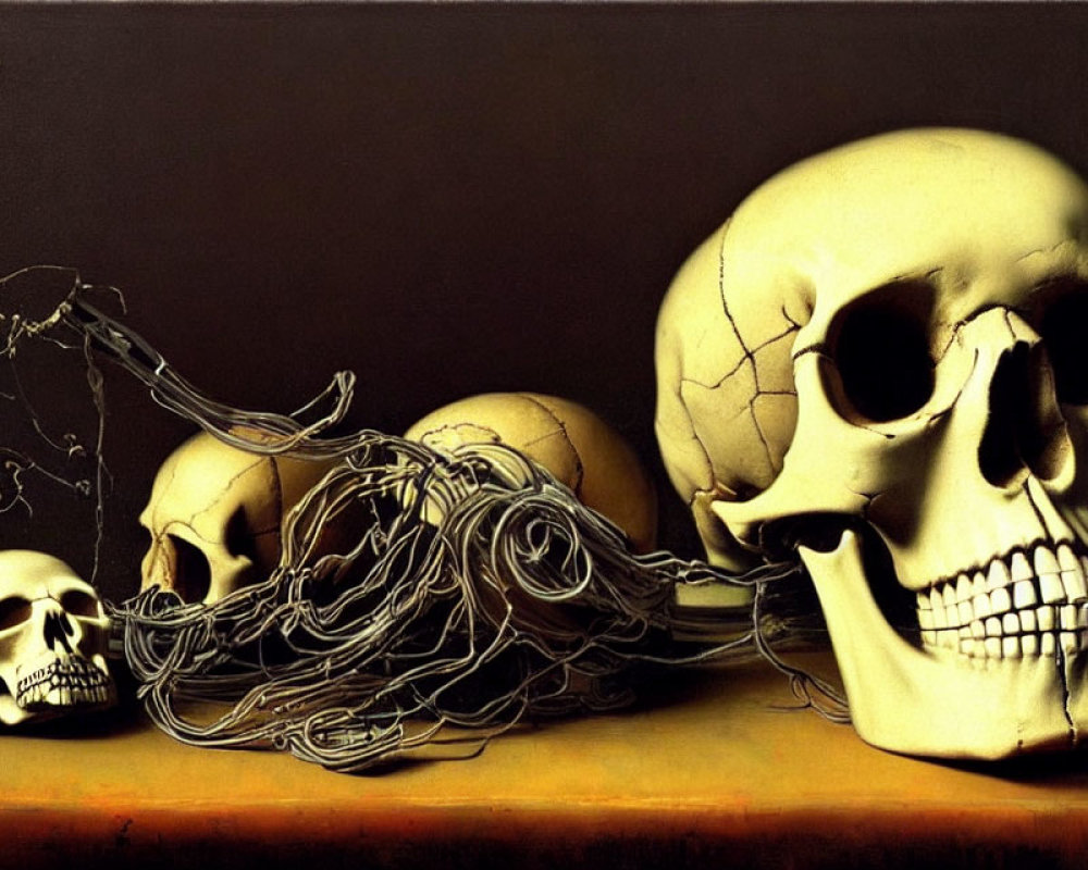 Three human skulls of varying sizes on flat surface against dark background