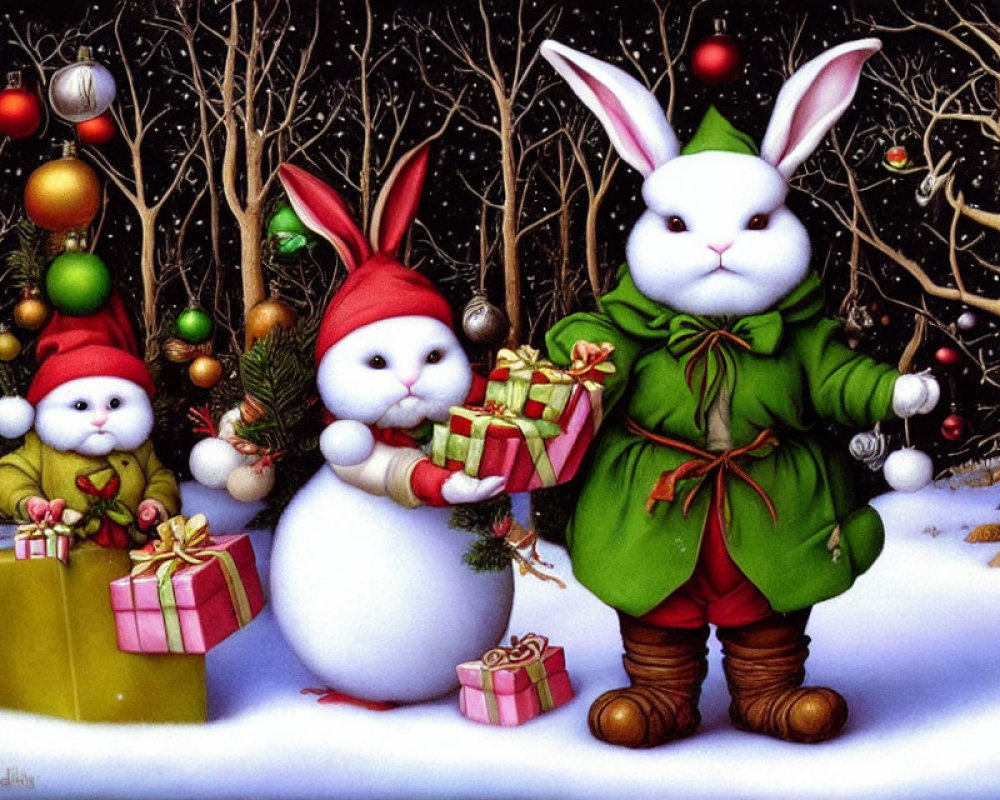 Festive snowman, rabbit, and bear in snowy forest with Christmas decorations and gifts