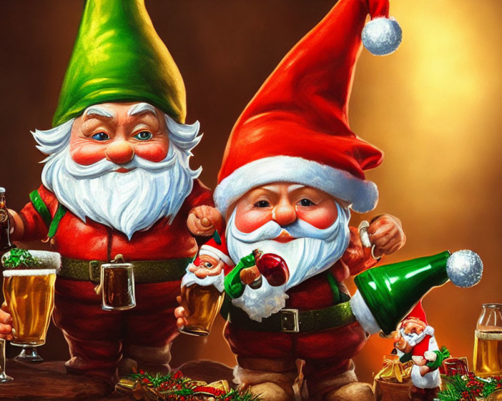 Festive garden gnomes in Santa outfits with beer mugs amid holiday decor