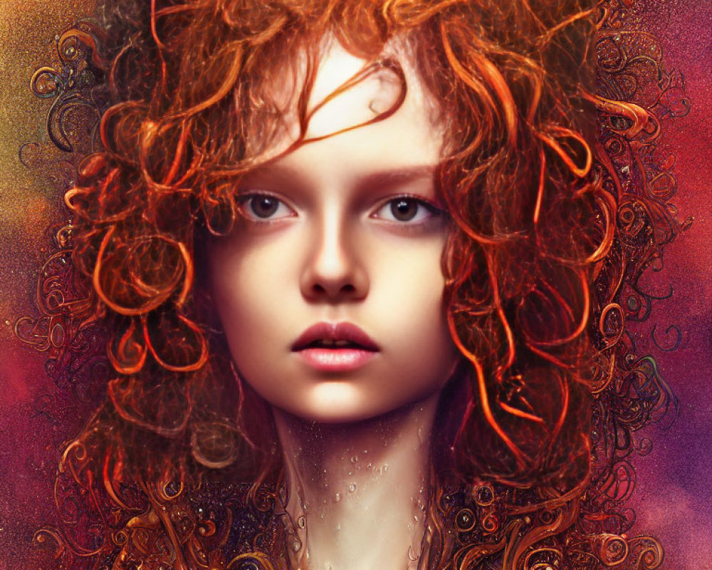 Voluminous Curly Red Hair Portrait on Warm Background