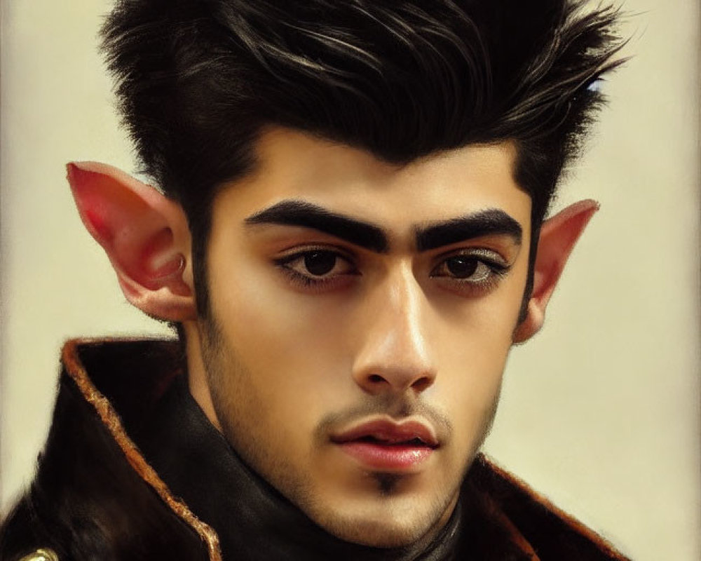 Digital painting of a person with pointed ears, dark hair, and militaristic jacket.