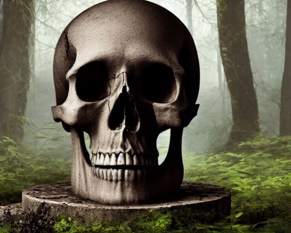 Human skull on tree stump in misty forest