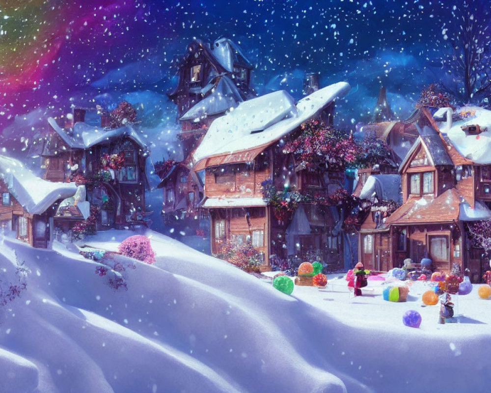 Snowy Winter Village Night Scene with Christmas Lights