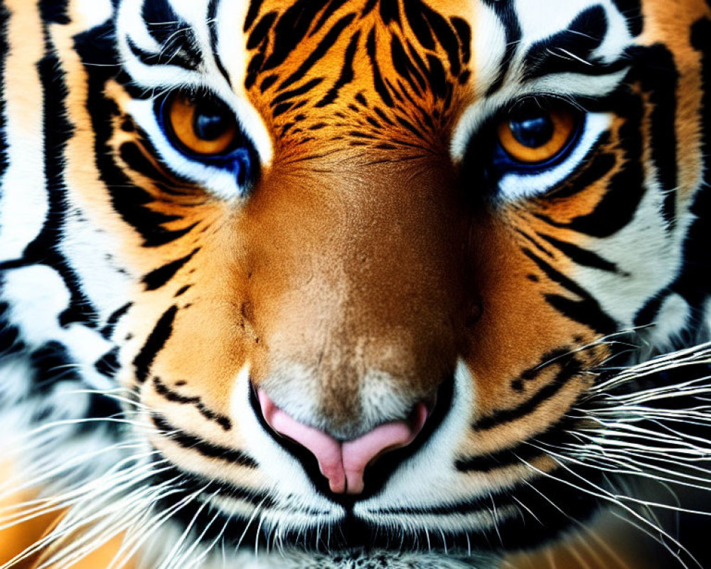 Detailed Close-Up of Tiger's Intense Orange and Black Striped Face