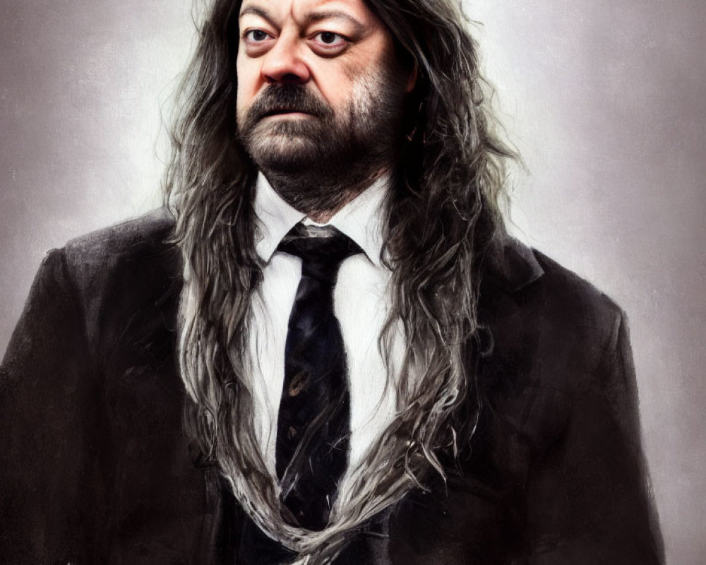 Serious man with long dark hair in black suit on grey background