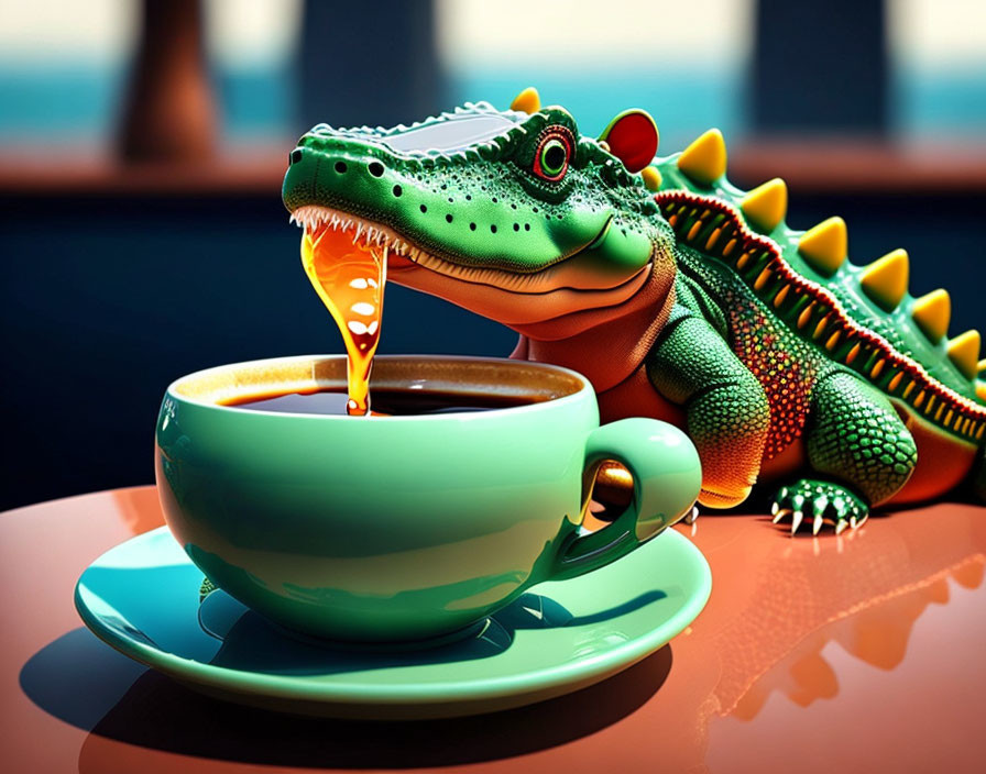 Cartoon-style alligator sipping coffee in marine setting