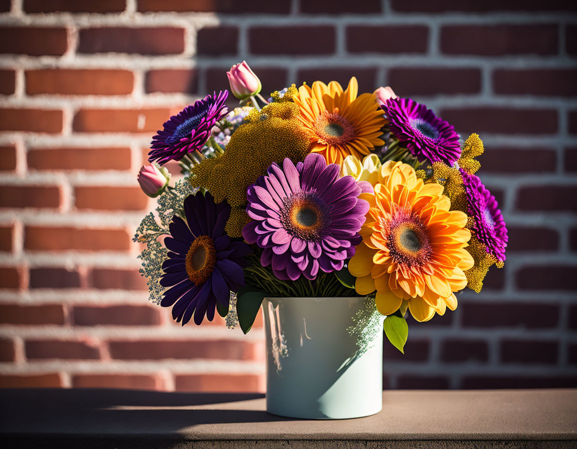 Colorful flower bouquet in white vase against brick wall backdrop