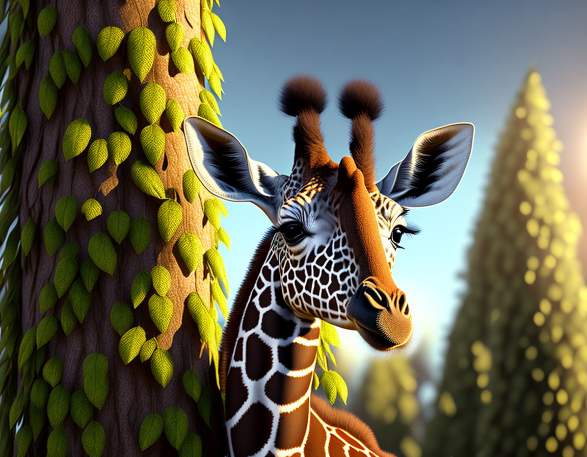 Curious giraffe peeking from behind tree in sunlit forest