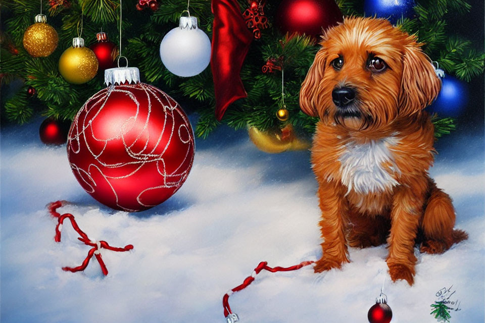 Brown dog sitting by decorated Christmas tree in snowy scene