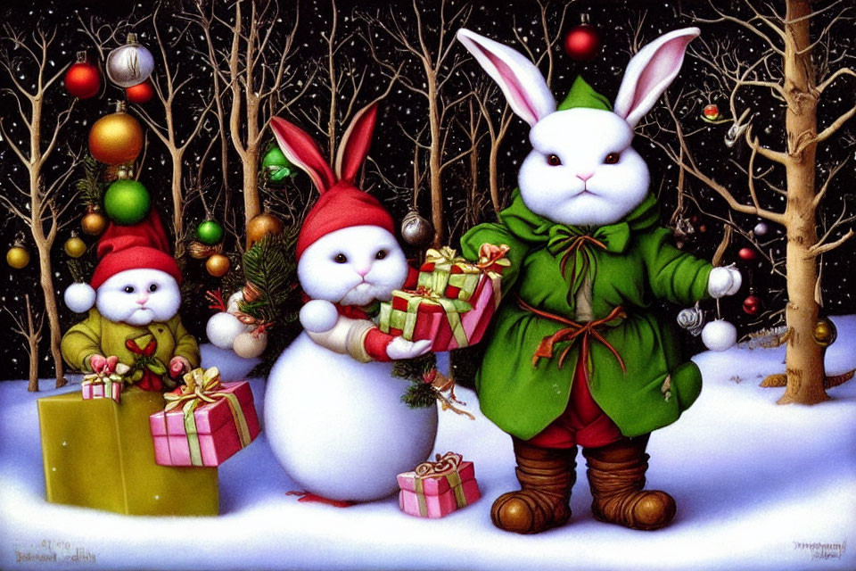 Festive snowman, rabbit, and bear in snowy forest with Christmas decorations and gifts