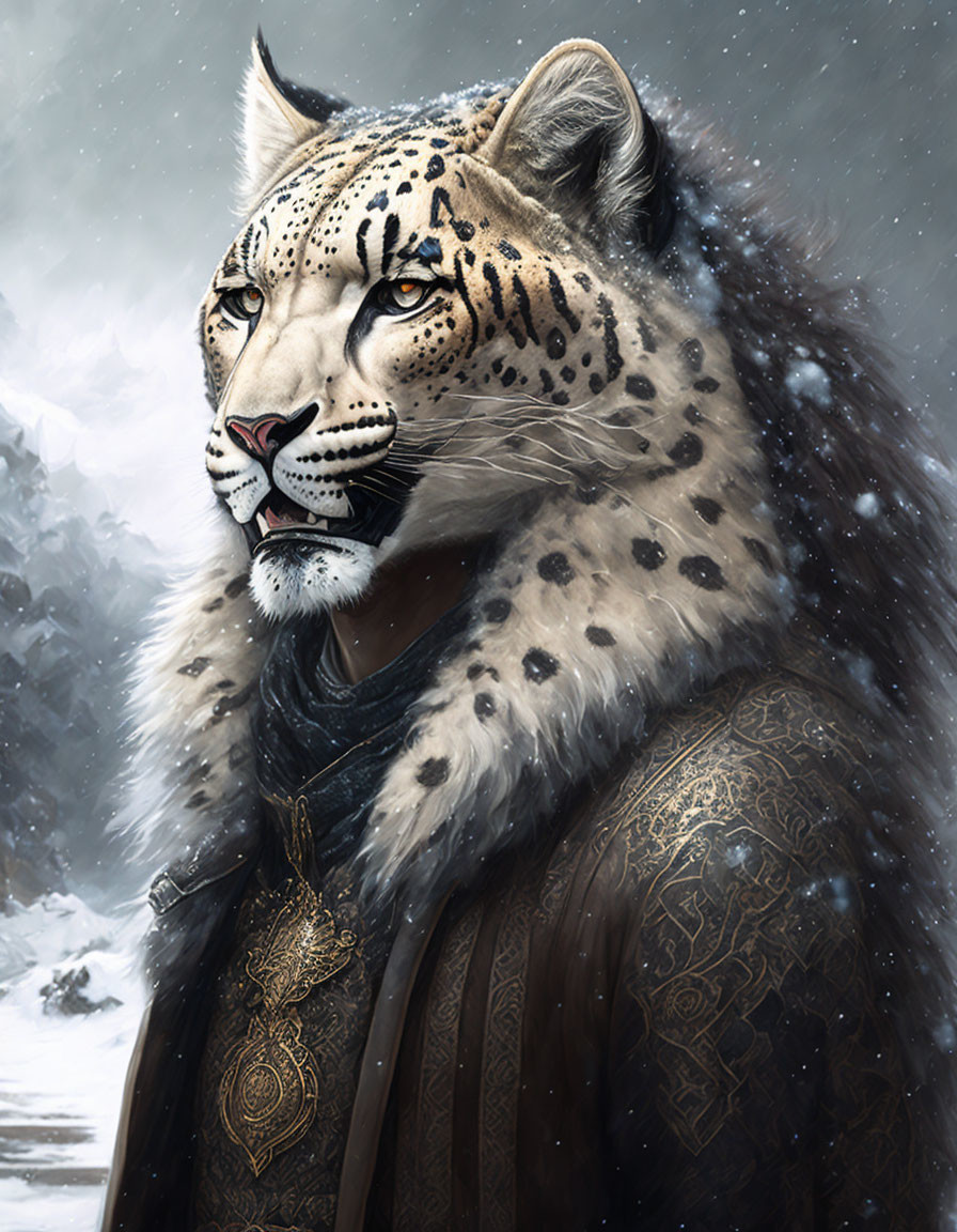 Regal anthropomorphic snow leopard in noble attire amidst falling snow