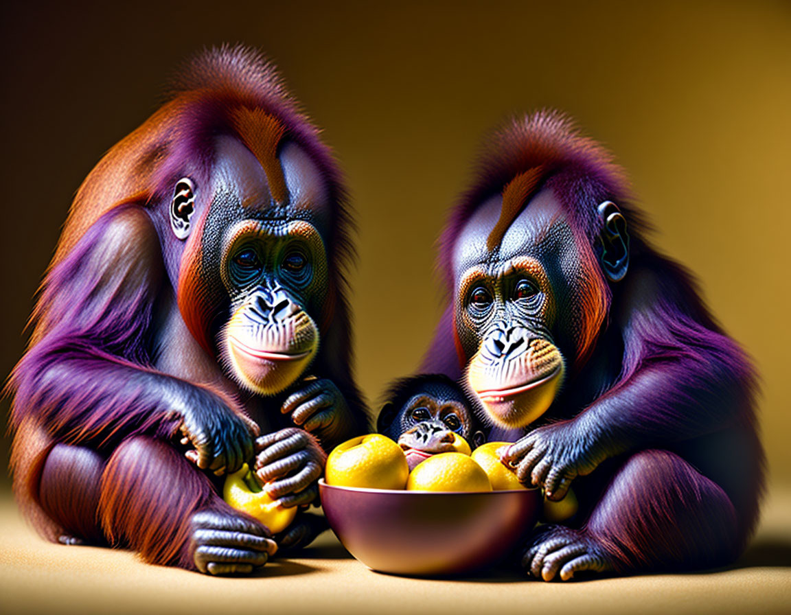 Three orangutans - two adults and a baby - sitting with oranges on warm background