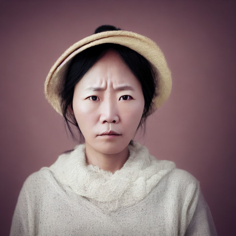 Puzzled Person in Beige Beret on Pastel Pink Background