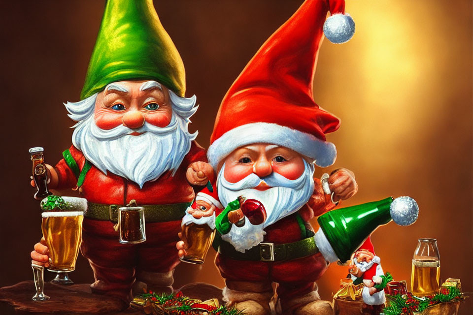 Festive garden gnomes in Santa outfits with beer mugs amid holiday decor