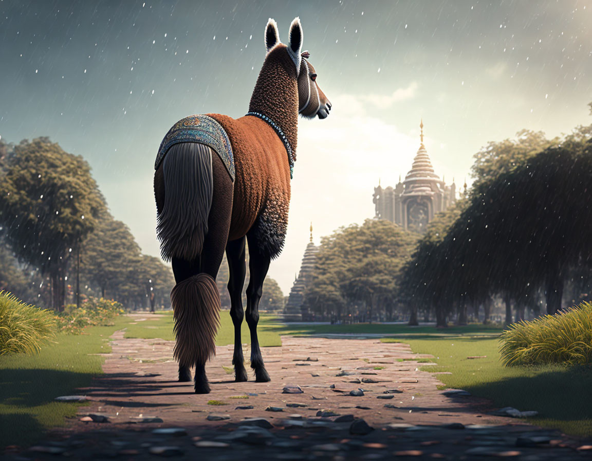 Decorated horse in serene park with temples and rain