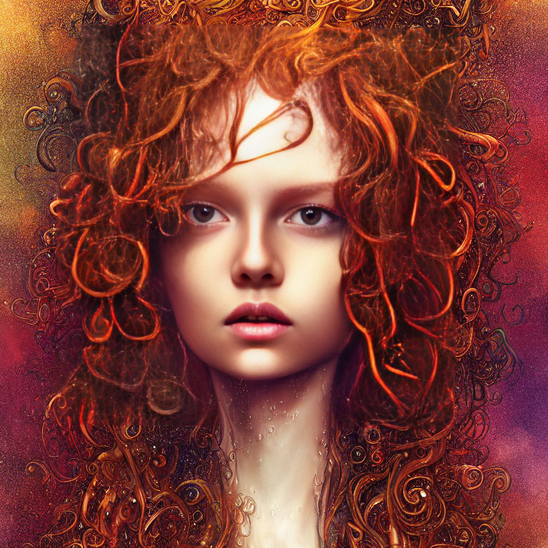 Voluminous Curly Red Hair Portrait on Warm Background