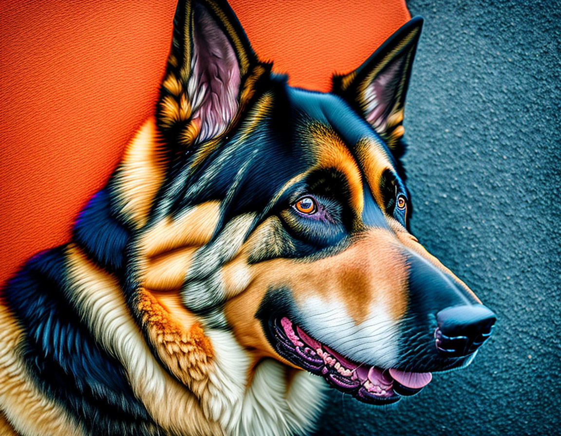 Detailed Close-Up of German Shepherd with Striking Colors against Orange and Gray Backdrop