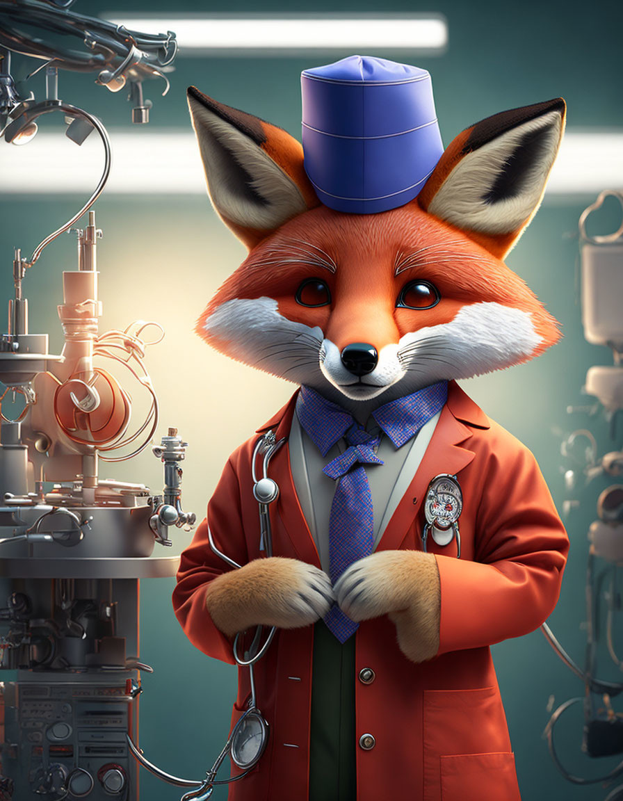 Anthropomorphic Fox in Doctor Attire in Operating Room