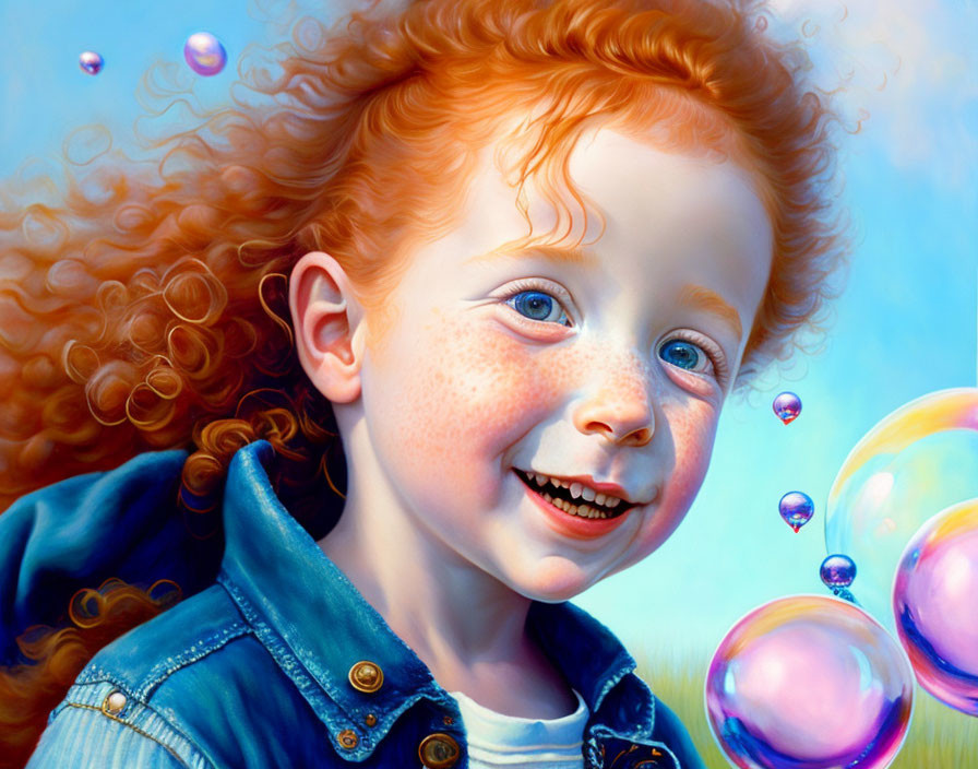 Red-haired child in denim jacket surrounded by bubbles on blue sky