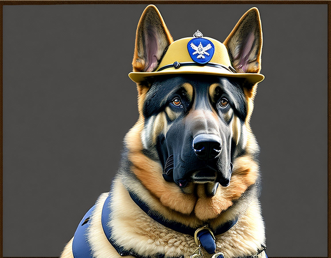 German Shepherd Dog in Police Hat and Vest on Brown Background