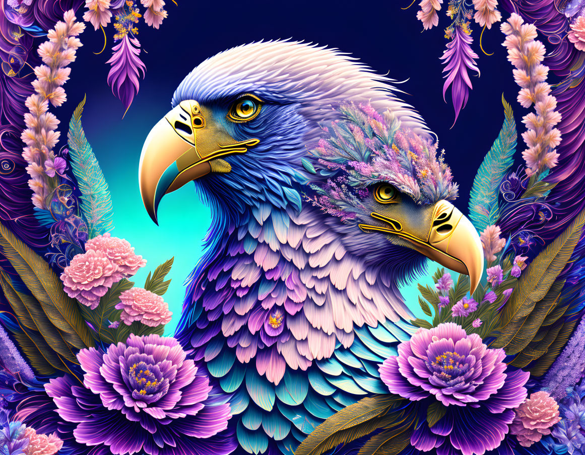 Colorful digital artwork: Two stylized eagles in intricate feather patterns surrounded by lush flora on deep