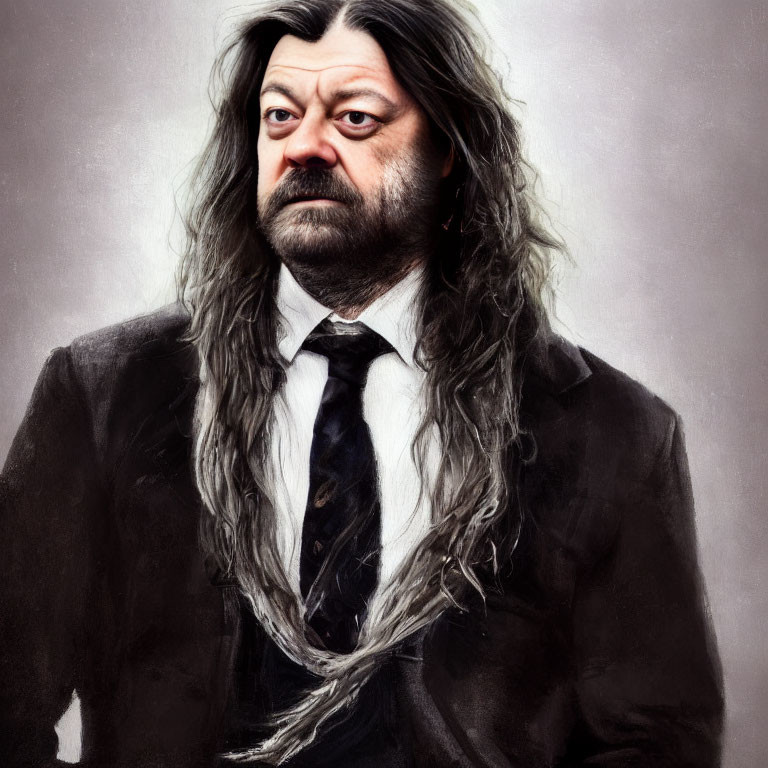 Serious man with long dark hair in black suit on grey background