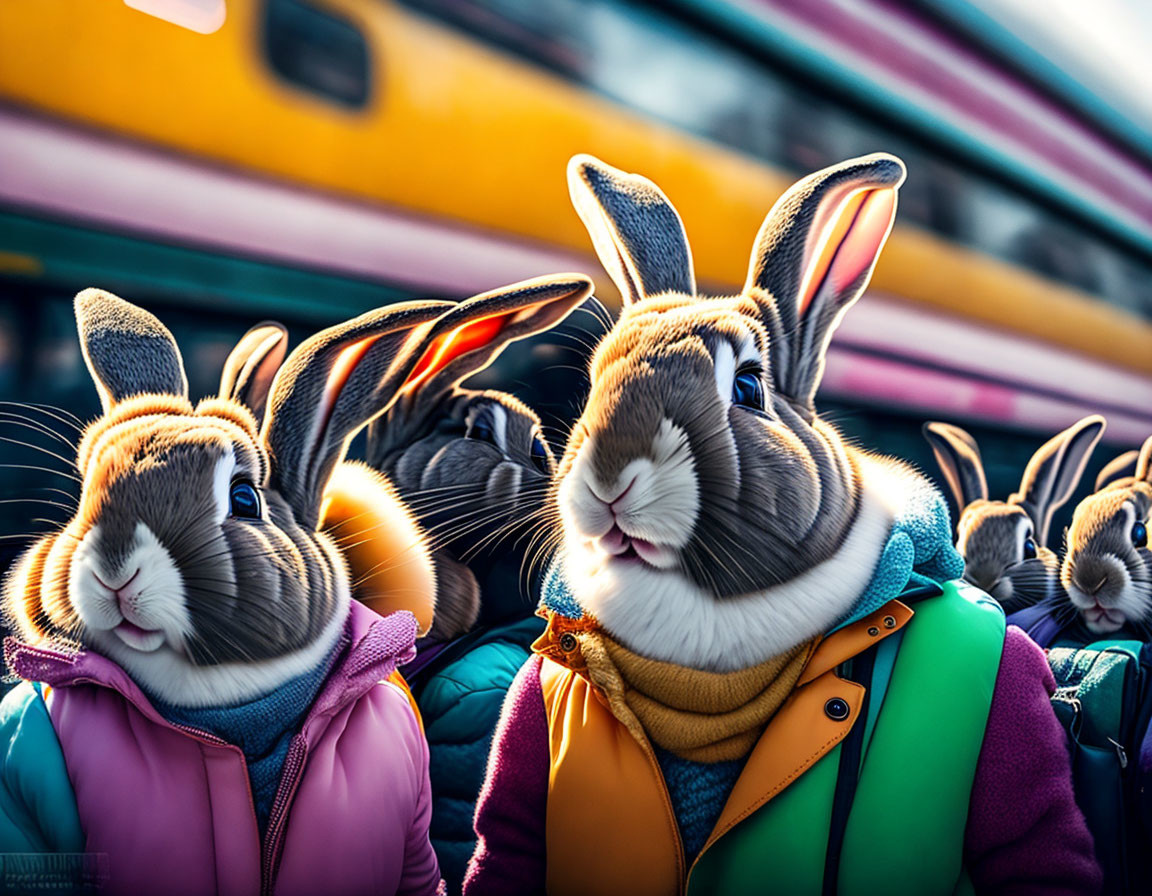 Colorful Winter-Dressed Anthropomorphic Rabbits at Train Station