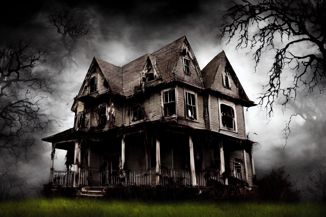 Eerie Victorian house with twisted trees under dark sky