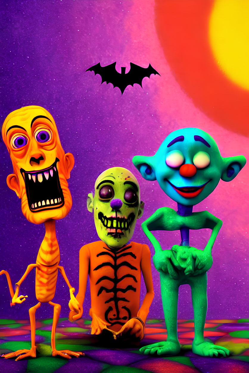 Colorful Cartoon Monsters with Exaggerated Expressions Under Spooky Sky