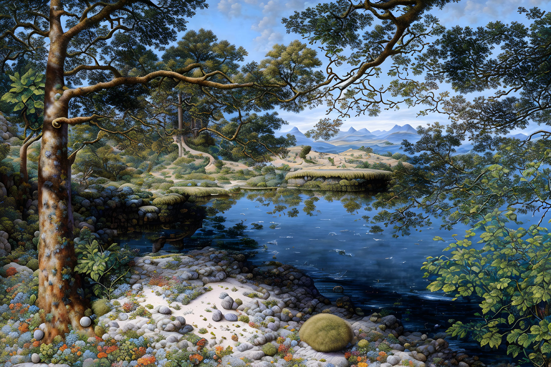 Tranquil landscape with lush trees, serene lake, moss-covered stones