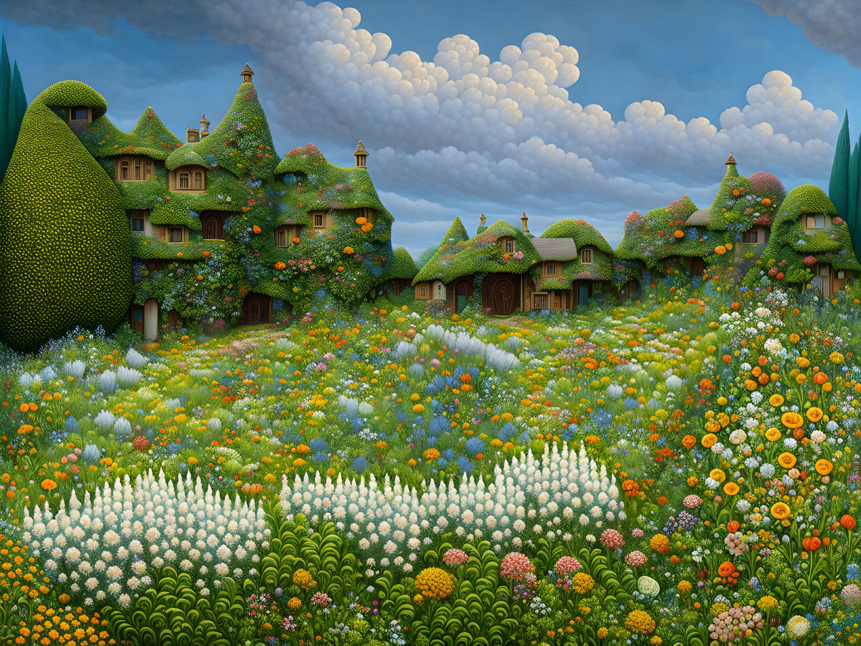 Colorful landscape with whimsical cottages and stylized flowers under fluffy sky