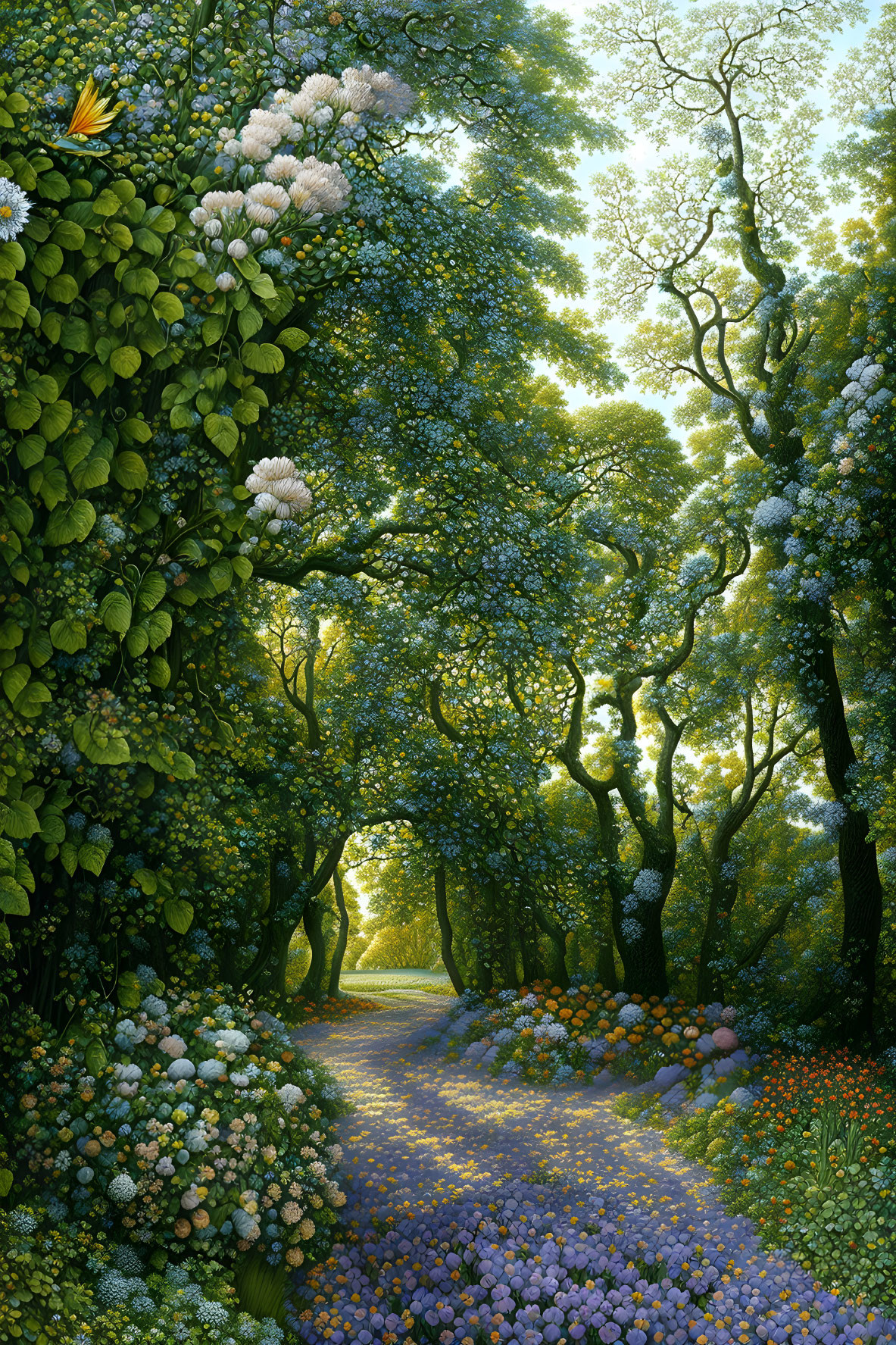 Blooming flowers and green trees in a sunlit forest pathway