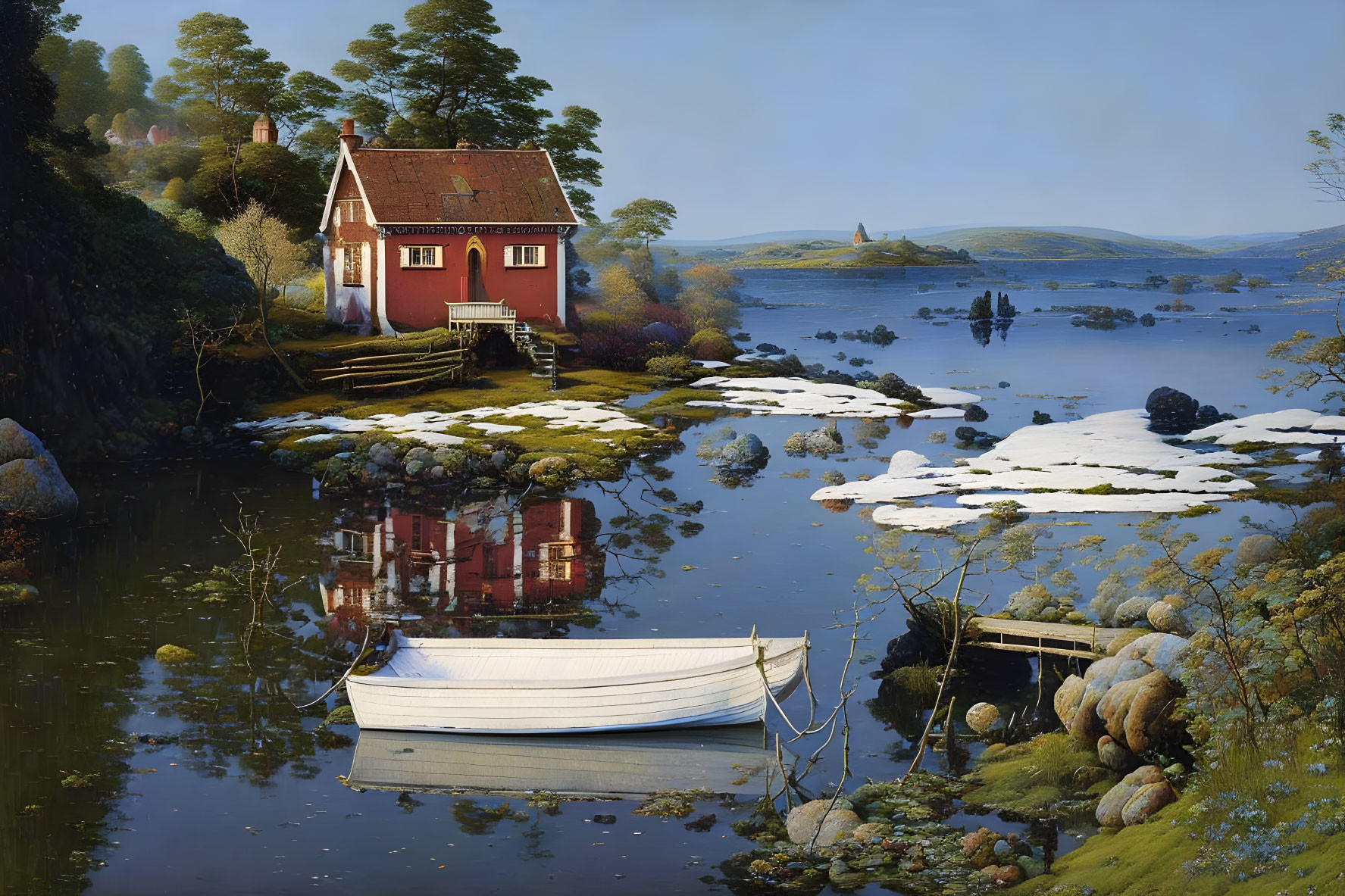 Tranquil red house by lake with boat and snow patches