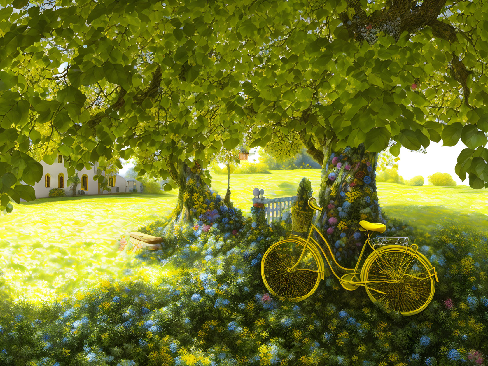 Colorful flowers, ivy-covered bicycle, small house under leafy canopy