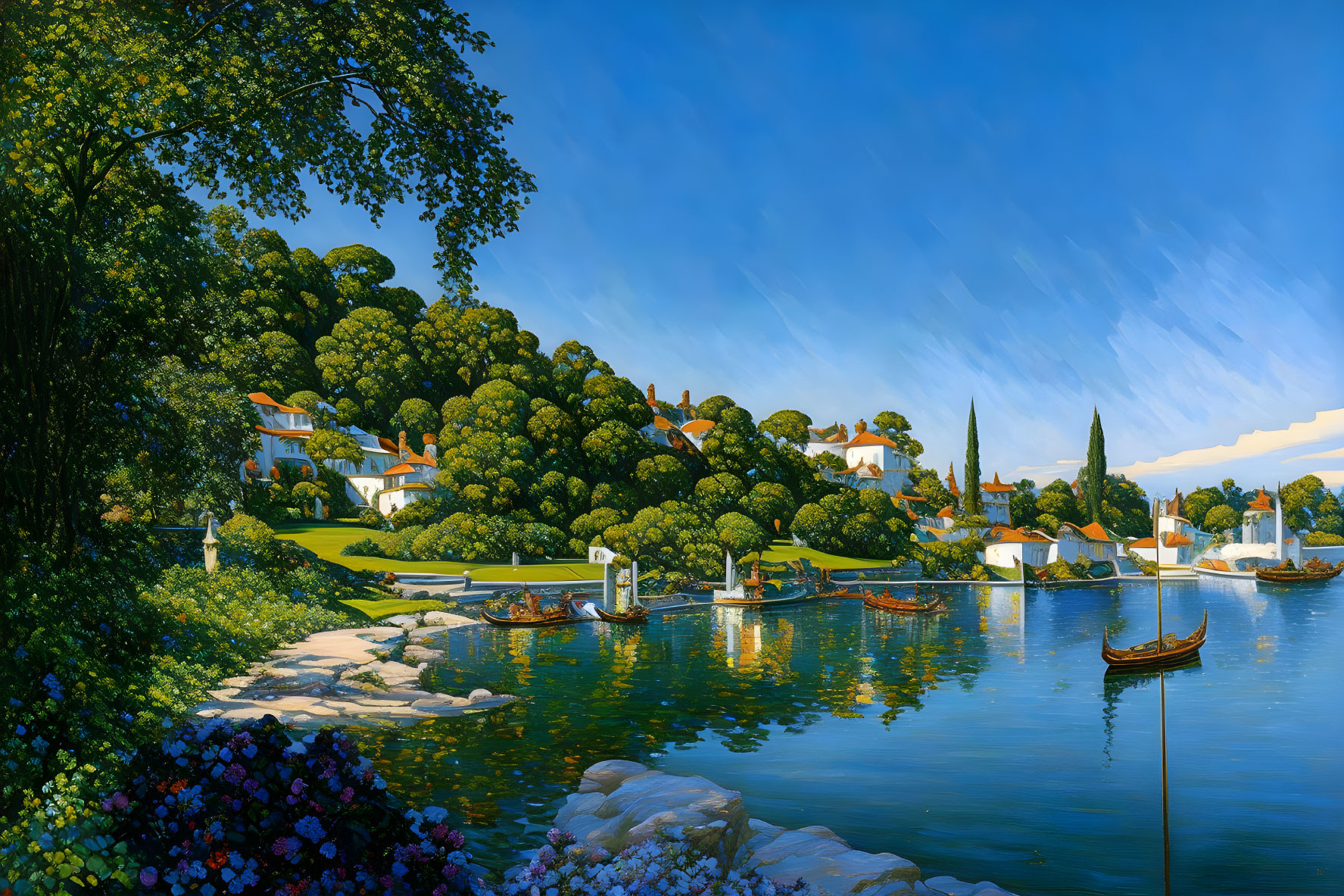 Tranquil lakeside view with trees, houses, boats, and blue sky