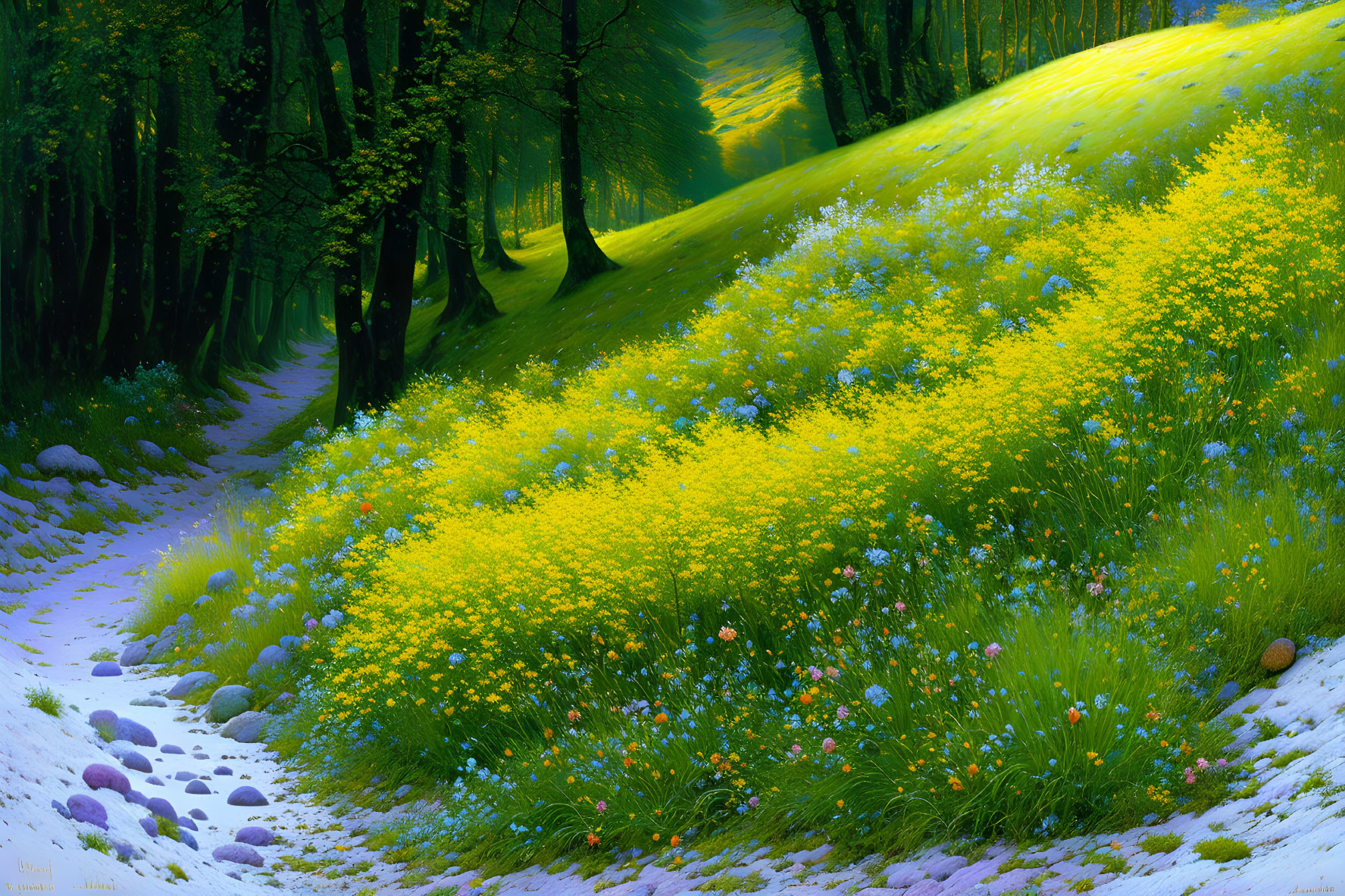 Lush Green Trees and Yellow Flowers in Vibrant Forest Scene