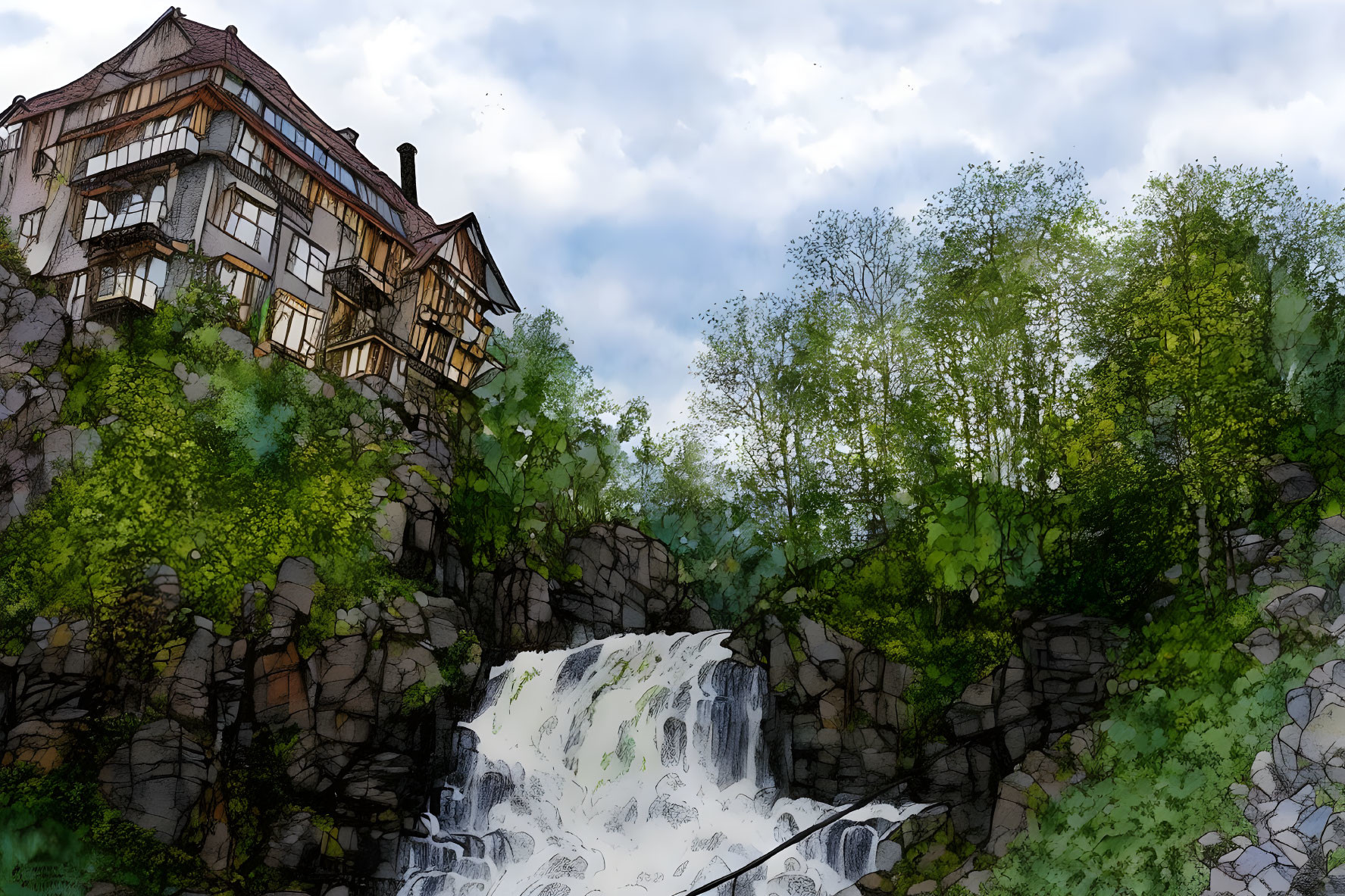 Traditional House on Rocky Cliff with Waterfall and Greenery